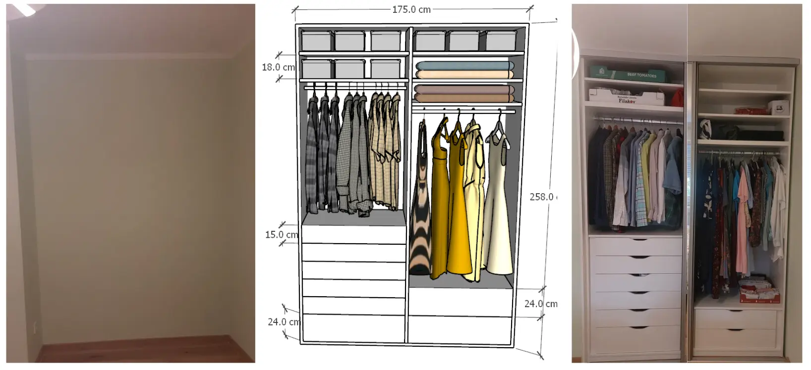 The three stages side by side — the space before, the SketchUp storage plan, and the finished wardrobe in Zagreb