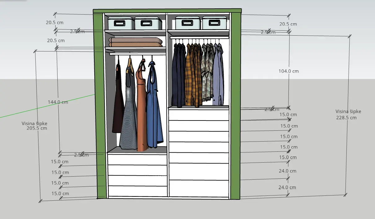 SketchUp wardrobe plan drawn to scale with the exact dimensions of every shelf, drawer and rail