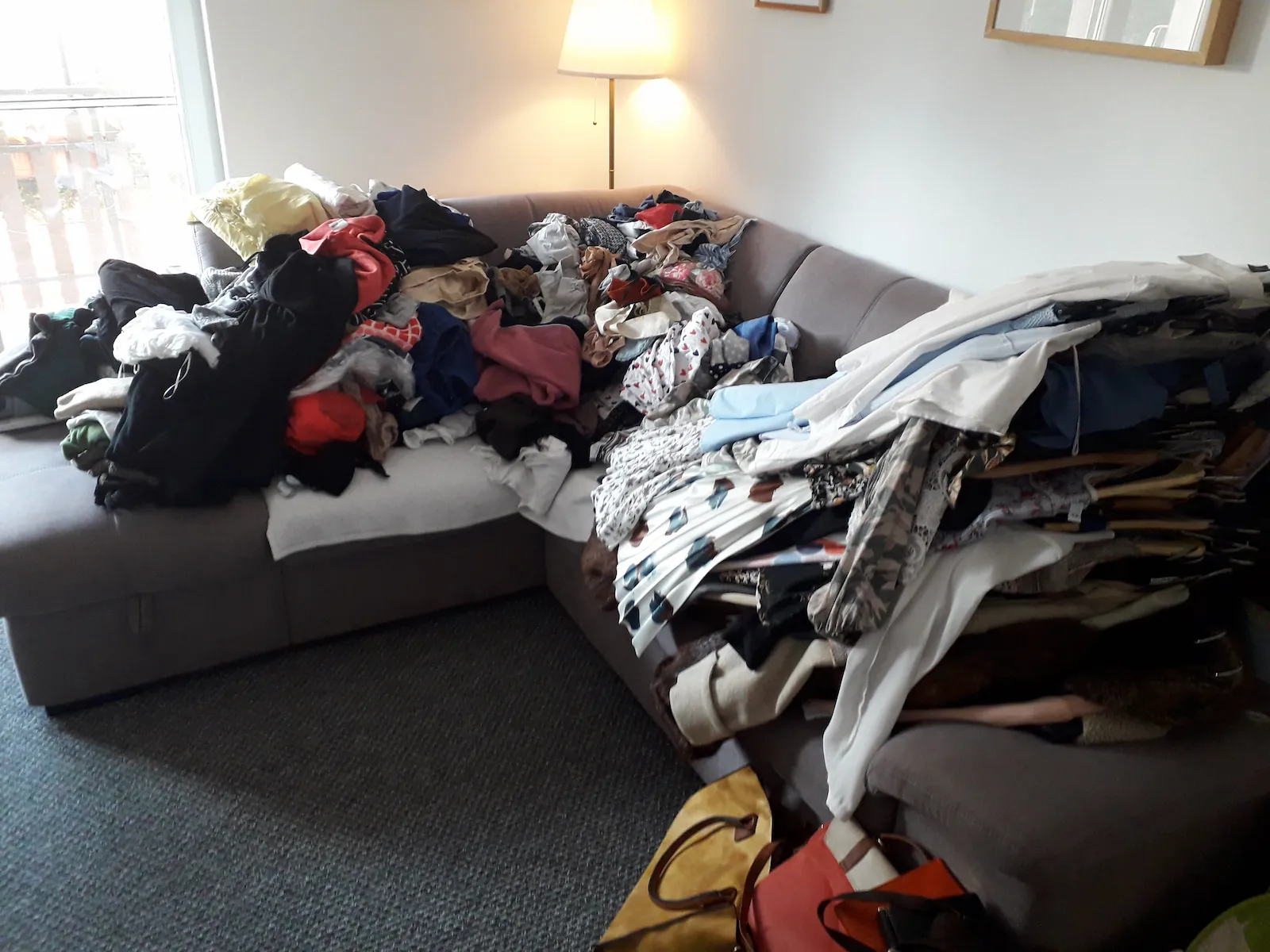 Every item taken out of the wardrobe and gathered in one place — the first step before any storage is planned, Zagreb