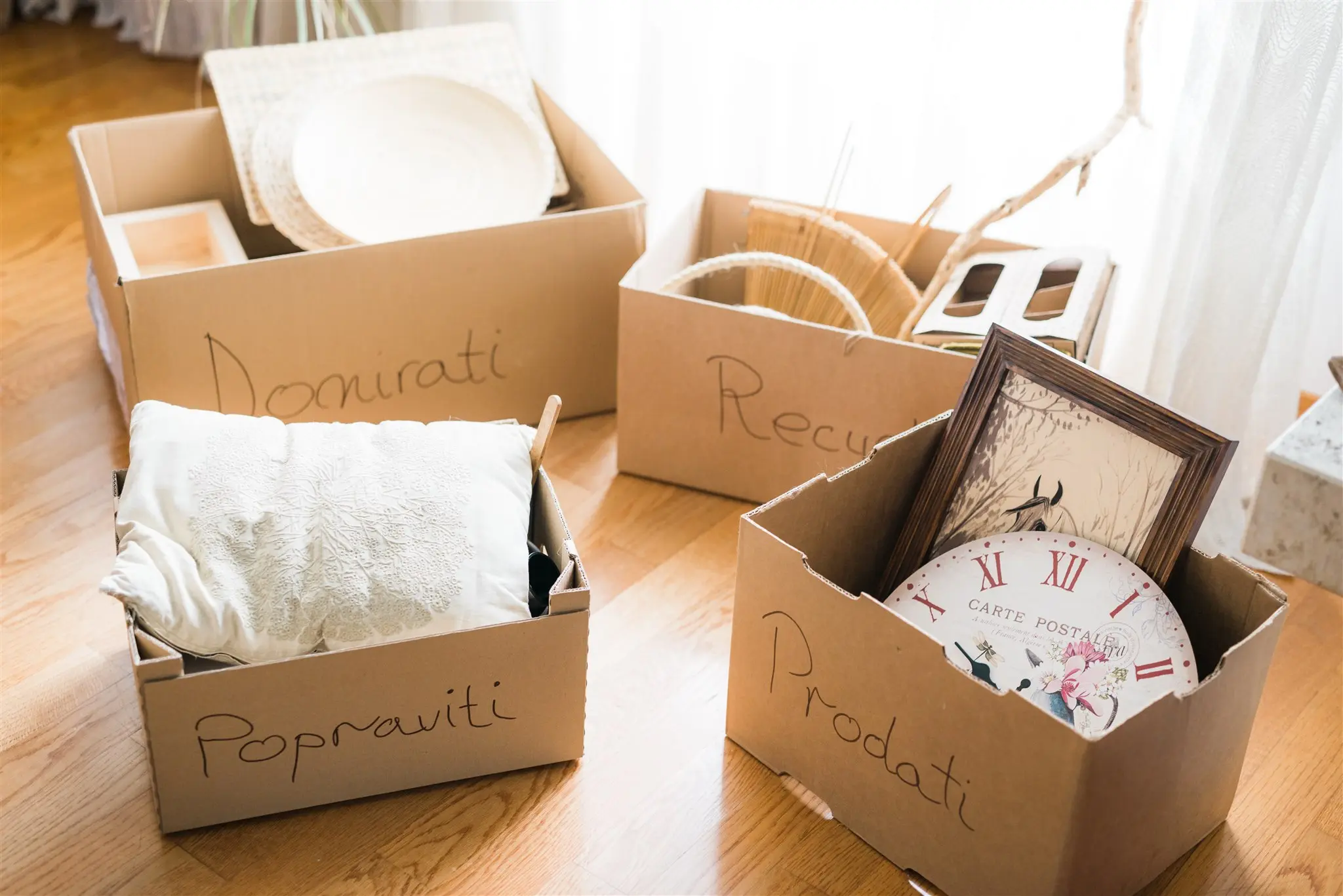 Boxes sorted for donation during decluttering before a move in Zagreb