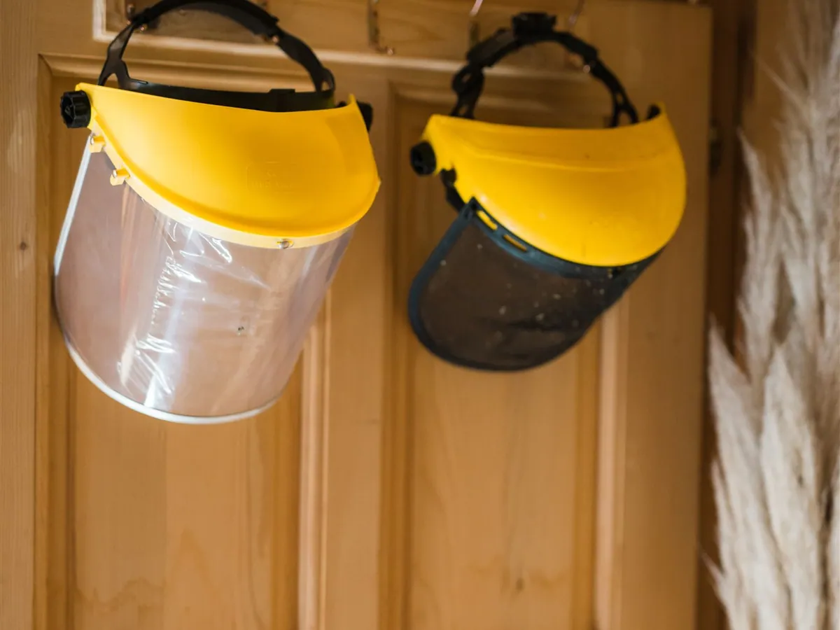 Two protective helmets with face shields hanging on a wooden door