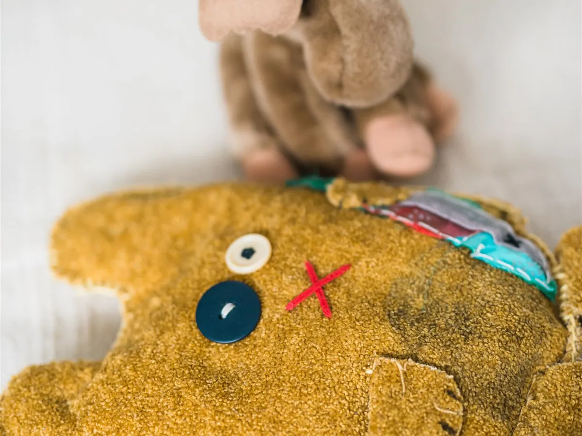 Two well-loved stuffed toys on a white blanket