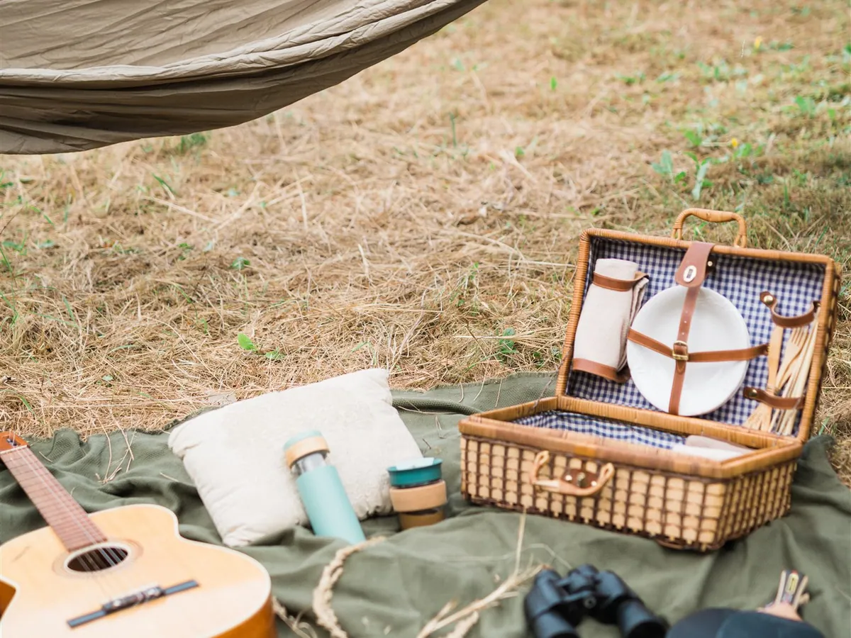A hammock, a guitar and a wicker picnic basket on a green blanket in the grass