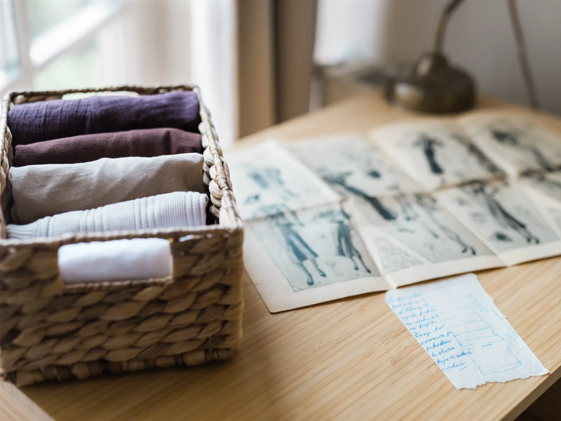 Clothes folded upright in a woven basket, old fashion sketches and a handwritten note — the complete guide to the KonMari® method and home organization