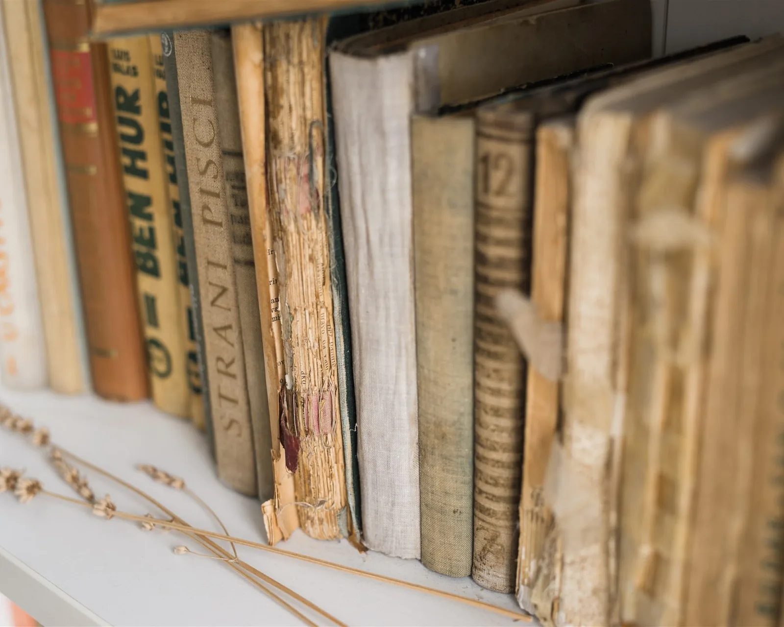 Old books lined up on a white shelf beside dried lavender — books, the second KonMari® category