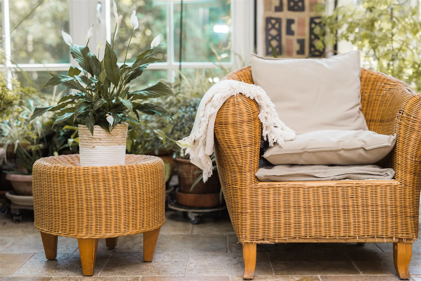 A wicker armchair with white cushions and plants in a conservatory — imagining your ideal lifestyle in the KonMari® method