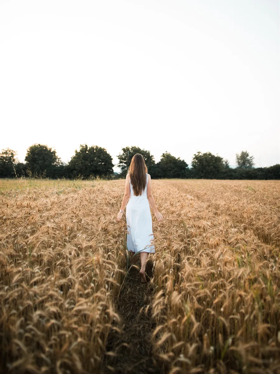 A woman in a white dress walking through a ripe wheat field at dusk